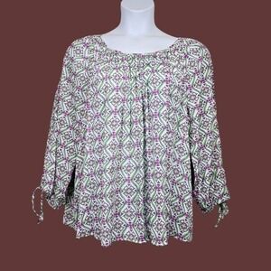 Crown & Ivy Womens Split Sleeve Pink Green Flora Geo Print Top Size XXL NWT